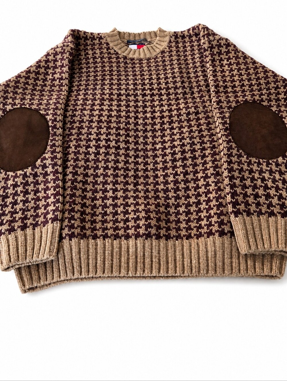 Vintage Shetland Wool Tommy Hilfiger Brown Houndstooth Crewneck Sweater, sz L